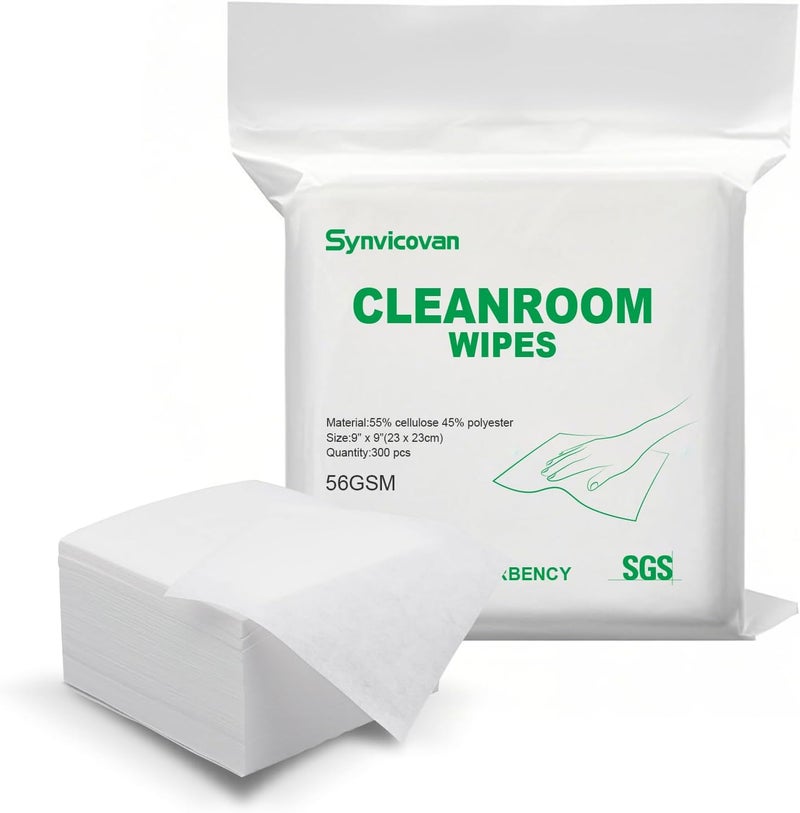 Synvicovan Cleanroom Wipes 9"x9" (300 Pcs, Cellulose/Polyester Blend, Grade B, 56GSM) Lint Free Wipes for Laboratory, Electronics, Pharmaceutical,Printing,Automotives and Semiconductor Industries - Image 1